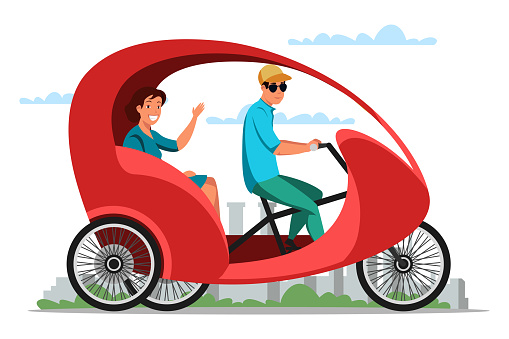 Man and woman riding eco-friendly cycle rickshaw bicycle with roof. Eco transpiration. Cartoon people characters. Bike taxi, velotaxi, human powered pedicab, carry bikecab. Vector flat illustration