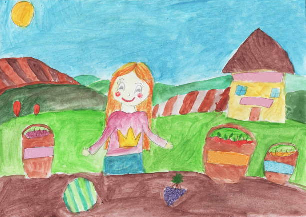 rysunek w stylu dziecięcym świeże ekologiczne warzywa rolnicze - farmers market agricultural fair vegetable child stock illustrations