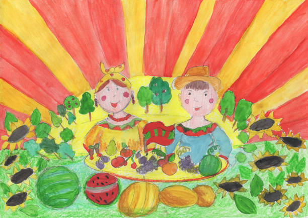istock Drawing in children style Fresh organic farm vegetables 1194484745