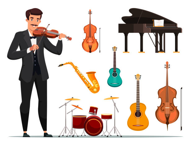 Orchestra items flat vector illustrations set Orchestra items flat vector illustrations set. Violin musician and band stuff. Grand piano, guitar, drum, saxophone. String, keyboard, percussion musical instruments. Conservatory attributes cartoon of a white grand pianos stock illustrations