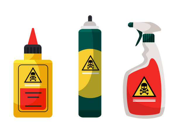 Insect extermination disinfection chemicals set Chemicals for insect extermination and disinfection set. Containers, bottles. Spray, aerosol, liquid toxic poison. Pest control service. Accessories and repellents. Vector cartoon flat illustration toxic substance stock illustrations