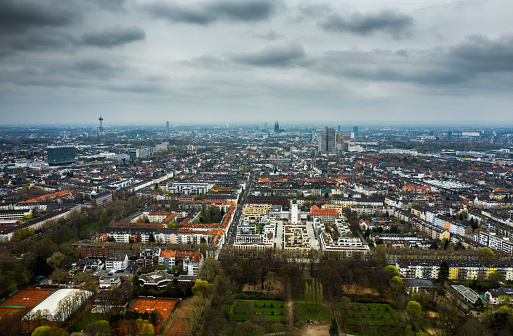 Aerial view of cologne cityscape in North Rhine Westphalia, Germany. Famous Cologne Cathedral is in the background.