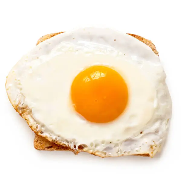 Single fried egg on wholewheat toast isolated on white. Top view.