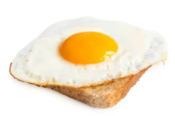Single fried egg on wholewheat toast isolated on white.