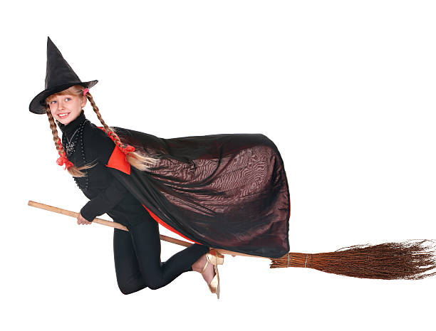 istock Child in costume witch fly on broomstick. 119448680