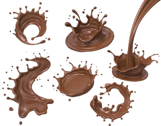 conjunto de chocolate o salpicaduras de cacao. - chocolate topping fotografías e imágenes de stock