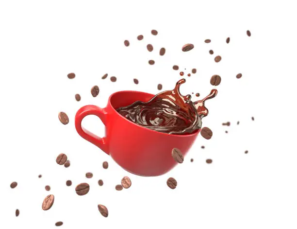 Photo of black coffee splash in red cup with coffee.