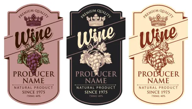 Vector illustration of set of wine labels with grape bunches and crowns