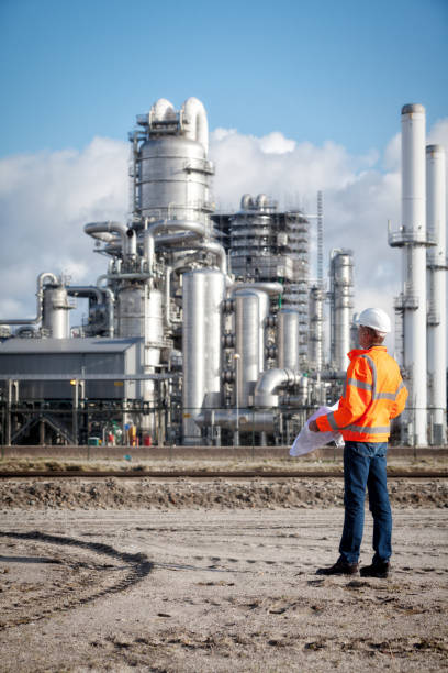 istock Petrochemical inspector with drawing 1194488845