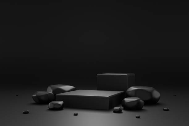 черный каменный пьедестал или подиум с каменной концепцией платформы на темном фоне. пустая полка стенд для показа продукта. 3d рендеринг. - single object rock stone nobody стоковые фото и изображения