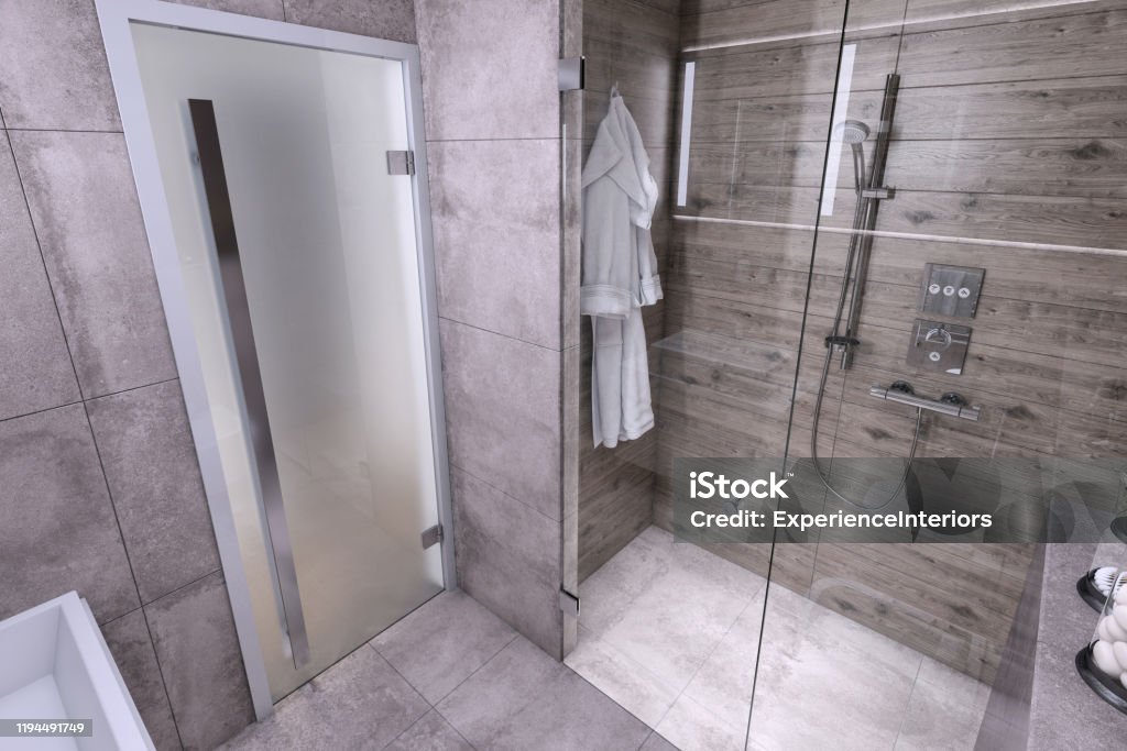 Small bathroom interior Small bathroom interior with sink and glass door shower with concrete textured walls and floor. Template for copy space. Render. Shower Stock Photo