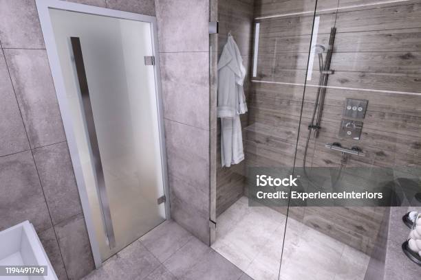 Small Bathroom Interior Stock Photo - Download Image Now - Shower, Glass - Material, Bathroom