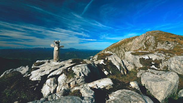 istock Pyramid with mascot shows direction on Alpine mountain peak 1194492906