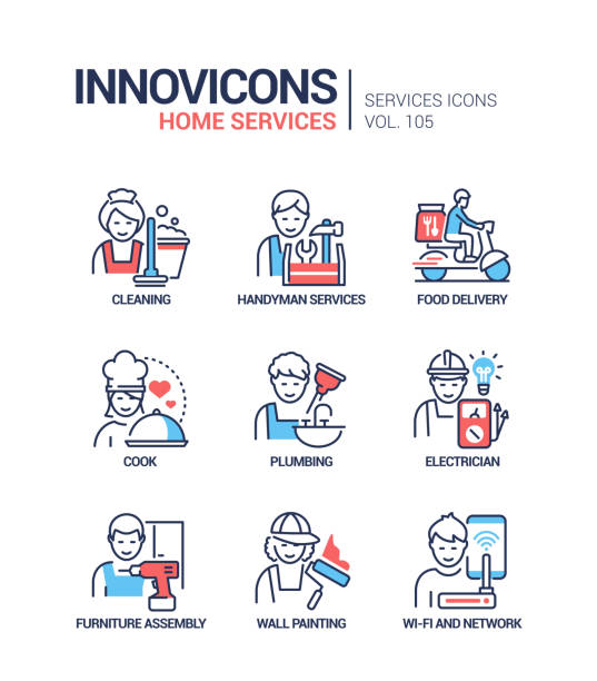 ilustraciones, imágenes clip art, dibujos animados e iconos de stock de servicios para el hogar: conjunto de iconos de estilo de diseño de líneas vectoriales - drill red work tool power