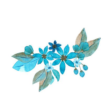 Watercolor Hand Drawn Blue And Gold Flowers For Postcard Label Sticker Bag  Packing Stock Illustration - Download Image Now - iStock