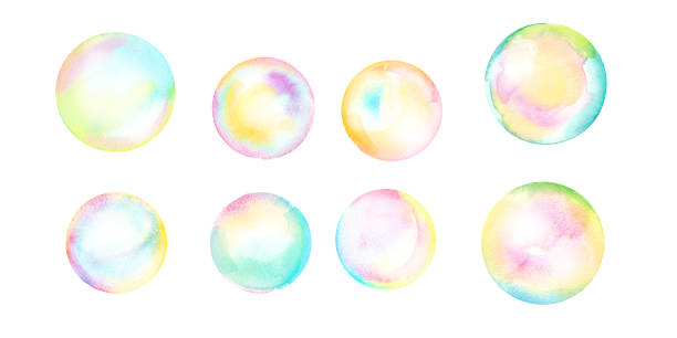 ilustraciones, imágenes clip art, dibujos animados e iconos de stock de burbujas de jabón que brillan en colores del arco iris textura de acuarela (con trazado de recorte) - spectrum geometry refraction sphere