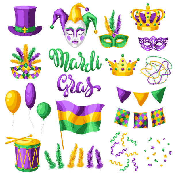 mardi gras partei satz von gegenständen. - mardi gras stock-grafiken, -clipart, -cartoons und -symbole