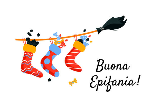 ilustraciones, imágenes clip art, dibujos animados e iconos de stock de buena epifanía. tarjeta de felicitación con calcetines llenos de carbón y dulces volando en la escoba. - computer graphic image characters full