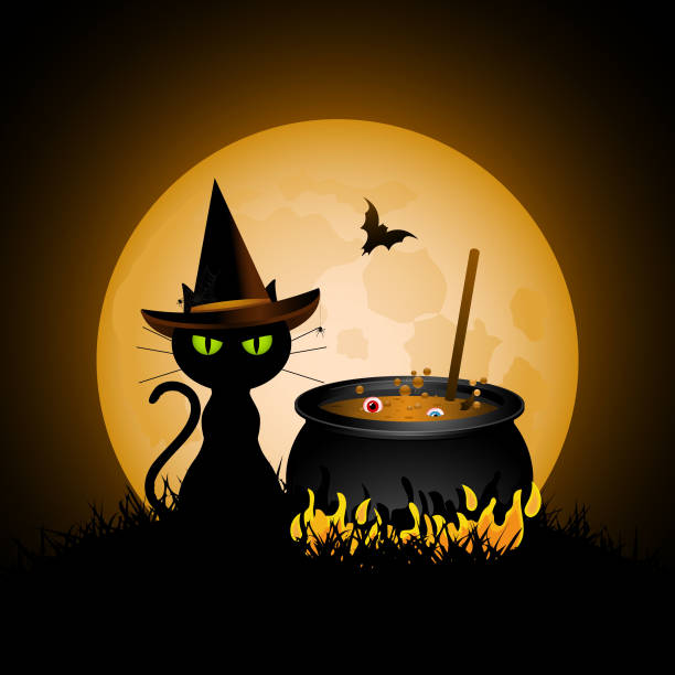 čarodějnice kočka a kotel - čarodějnice stock ilustrace
