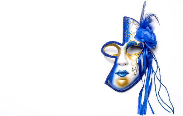 máscara para mardi gras azul y oro sobre un fondo blanco - mask masquerade mask venice italy costume fotografías e imágenes de stock
