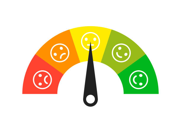 illustrations, cliparts, dessins animés et icônes de échelle colorée. jauge. indicateur avec différentes couleurs. emoji fait face à des icônes. indicateur de mesure de l'indicateur de compteur de vitesse tachometer de dispositif. illustration d'isolement de vecteur. - tender emotion