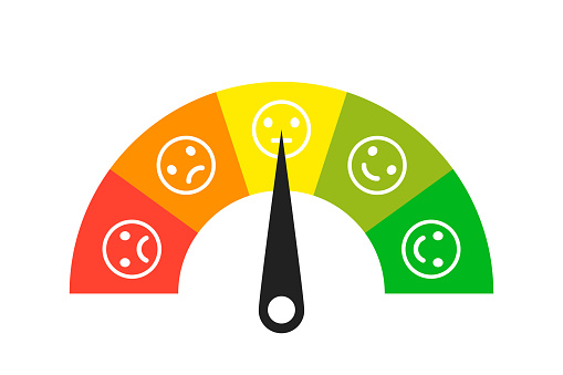 Colored scale. Gauge. Indicator with different colors. Emoji faces icons. Measuring device tachometer speedometer indicator. Vector isolated illustration. EPS 10