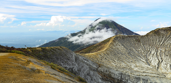 Stunning panoramic view of the Ijen Volcano Complex with mountains surrounded by clouds during sunrise. The Ijen volcano complex is a group of composite volcanoes located in East Java, Indonesia.