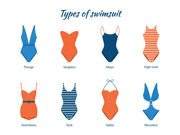 One Piece Swimsuits Various Types Of Women Beach Clothes Modern And Retro  Models Stock Illustration - Download Image Now - iStock