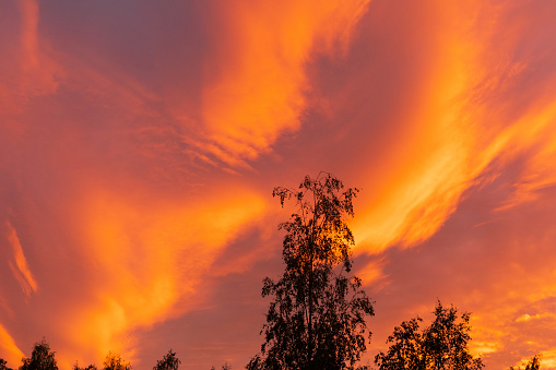 Dramatic vibrant fiery sky sunset cloudscape at dusk