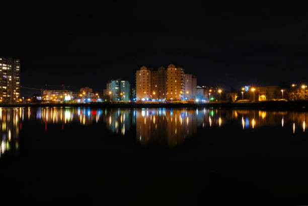 Reflection of buildings in the lake at the estate in Warsaw