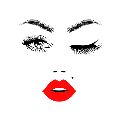 Beautiful woman face with red lips, eyebrows and lush eyelashes, one open eye and other closed, sexy birthmark. Beauty Logo. Vector illustration.