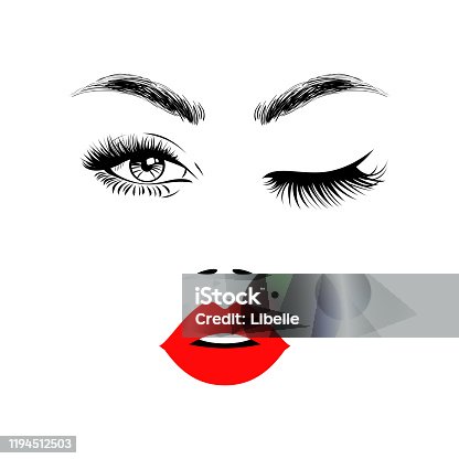 istock Beautiful woman face with red lips, eyebrows and lush eyelashes, one open eye and other closed, sexy birthmark. Beauty Logo. Vector illustration. 1194512503
