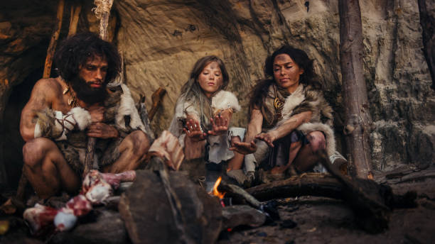 stamm der prähistorischen jäger-sammler tragen tierhäute leben in einer höhle in der nacht. neandertaler oder homo sapiens familie versuchen, warm am bonfire zu bekommen, halten hände über feuer, kochen lebensmittel - steinzeit stock-fotos und bilder