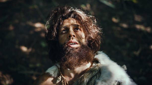 portrait of primeval caveman wearing animal skin raises hands to heaven looking at the sun, having pagan religious experience. prehistoric neanderthal believing and praying to god. high angle shot - neanderthal imagens e fotografias de stock