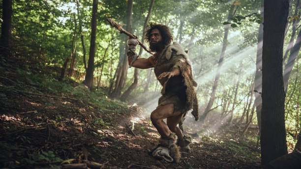 el cavernícola primitivo que lleva piel de animal sostiene miradas de lanza con punta de piedra, explora el bosque prehistórico en una caza de presas de animales. neanderthal going hunting in the jungle - an ancient fotografías e imágenes de stock