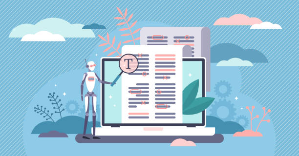 Robot proofreading flat tiny bot person concept vector illustration Robot proofreading flat tiny bot person concept vector illustration. Copy writing automation technology. Modern AI algorithm online editing service. Scan mistakes and report text grammar errors. proof reading documents stock illustrations