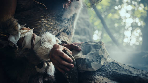 Closeup Shot of Primeval Caveman in Animal Skin Hits Rock with Sharp Stone, Makes First Primitive Tool for Hunting Animal Prey. Neanderthal Using Flint Rock. Dawn of Human Civilization. primer plano disparo de cavernícola primitivo en la piel de animal golpea roca con piedra afilada, hace la primera herramienta primitiva para la caza de presas de animales. neandertal usando flint rock. amanecer de la civilización humana.