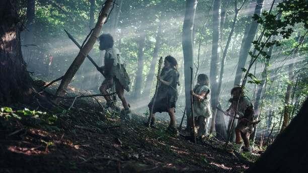 tribe of hunter-gatherers wearing animal skin holding stone tipped tools, explore prehistoric forest in a hunt for animal prey. neanderthal family hunting in the jungle or migrating for better land - neanderthal imagens e fotografias de stock