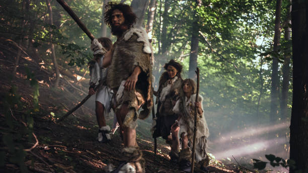 tribe of hunter-gatherers wearing animal skin holding stone tipped tools, explore prehistoric forest in a hunt for animal prey. neanderthal family hunting in the jungle or migrating for better land - neanderthal imagens e fotografias de stock
