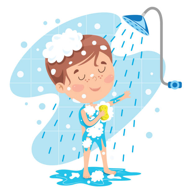 illustrazioni stock, clip art, cartoni animati e icone di tendenza di divertente ragazzino che fa il bagno - doccia