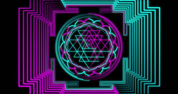 istock Abstract neon flying geometric tunnel with Sri Yantra Mandala. Seamless loop 4k background. Futuristic corridor with Neon Lights. Virtual reality design mandala pattern for Diwali 3D illustration 1194515382