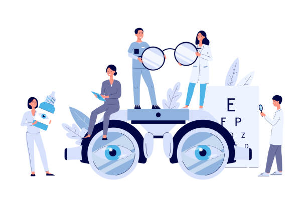 Ophthalmology web banner with tiny people flat vector illustration isolated. Ophthalmology web banner or page with tiny cartoon people. Ophthalmology medicine and optical eyesight examination flat vector illustration isolated on white background. eye doctor and patient stock illustrations