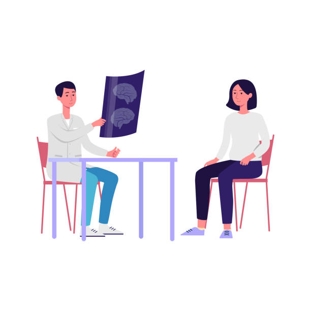 Doctor and patient discussing brain scan x ray image sitting at desk Doctor and patient discussing brain scan x ray image sitting at desk, cartoon people at health consultation in hospital - isolated flat vector illustration x ray results stock illustrations