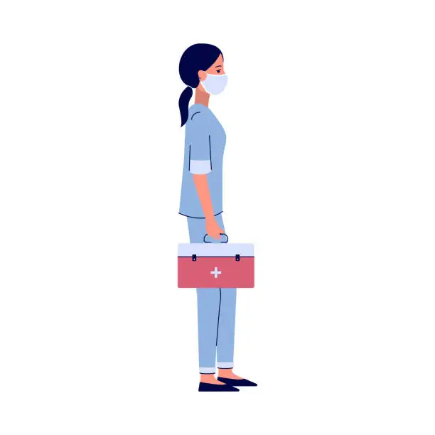 Vector illustration of Nurse standing with red medicine suitcase - cartoon hospital worker in face mask