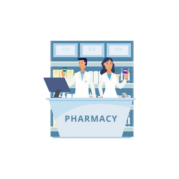 Isolated pharmacy counter with cartoon people in uniform holding pill bottles Isolated pharmacy counter with cartoon people in chemist uniform holding medicine bottles. Consultant man and woman in drug store cash register- vector illustration pharmacist cartoon stock illustrations