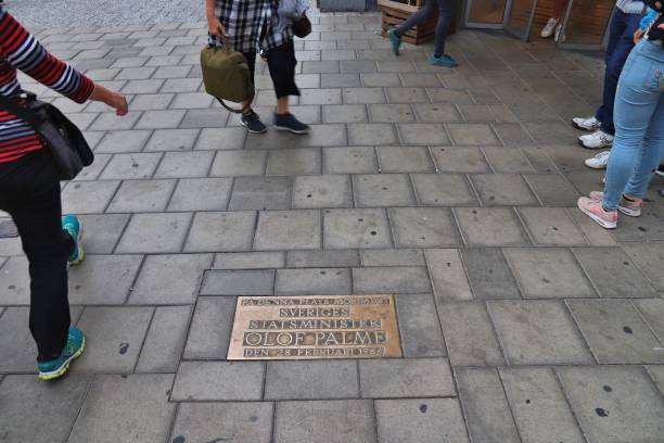 STOCKHOLM, SWEDEN - AUGUST 22, 2018: Memorial plaque at the location of assassination of Olof Palme, Prime Minister of Sweden at Sveavagen street in Stockholm. The mystery remains unsolved.