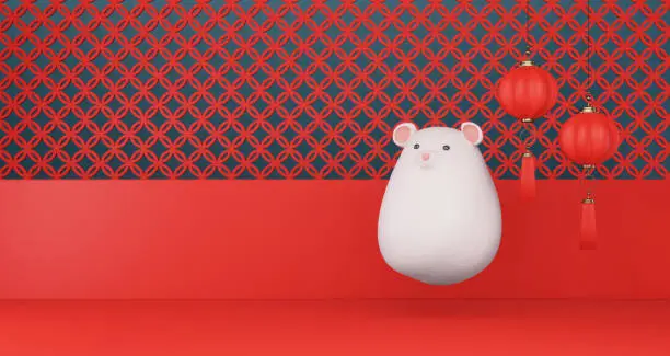 Photo of 3D rendering of 2020 Chinese New Year. Chinese rat floating and Chinese lantern hanging on a red wall background, luxury minimalist mockup. Year of the rat