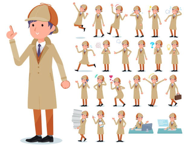 flat type Detective man_emotion A set of Detective man with who express various emotions.There are actions related to workplaces and personal computers.It's vector art so it's easy to edit. detective illustrations stock illustrations
