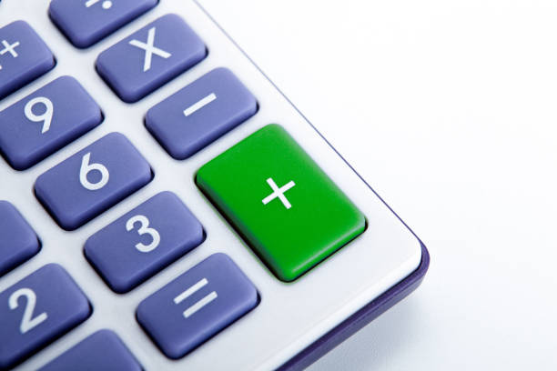 calculator with blue buttons with a green plus sign top view