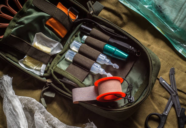 istock Open first aid kit with drugs and medical instruments on olive textile background. First aid in an emergency 1194526886